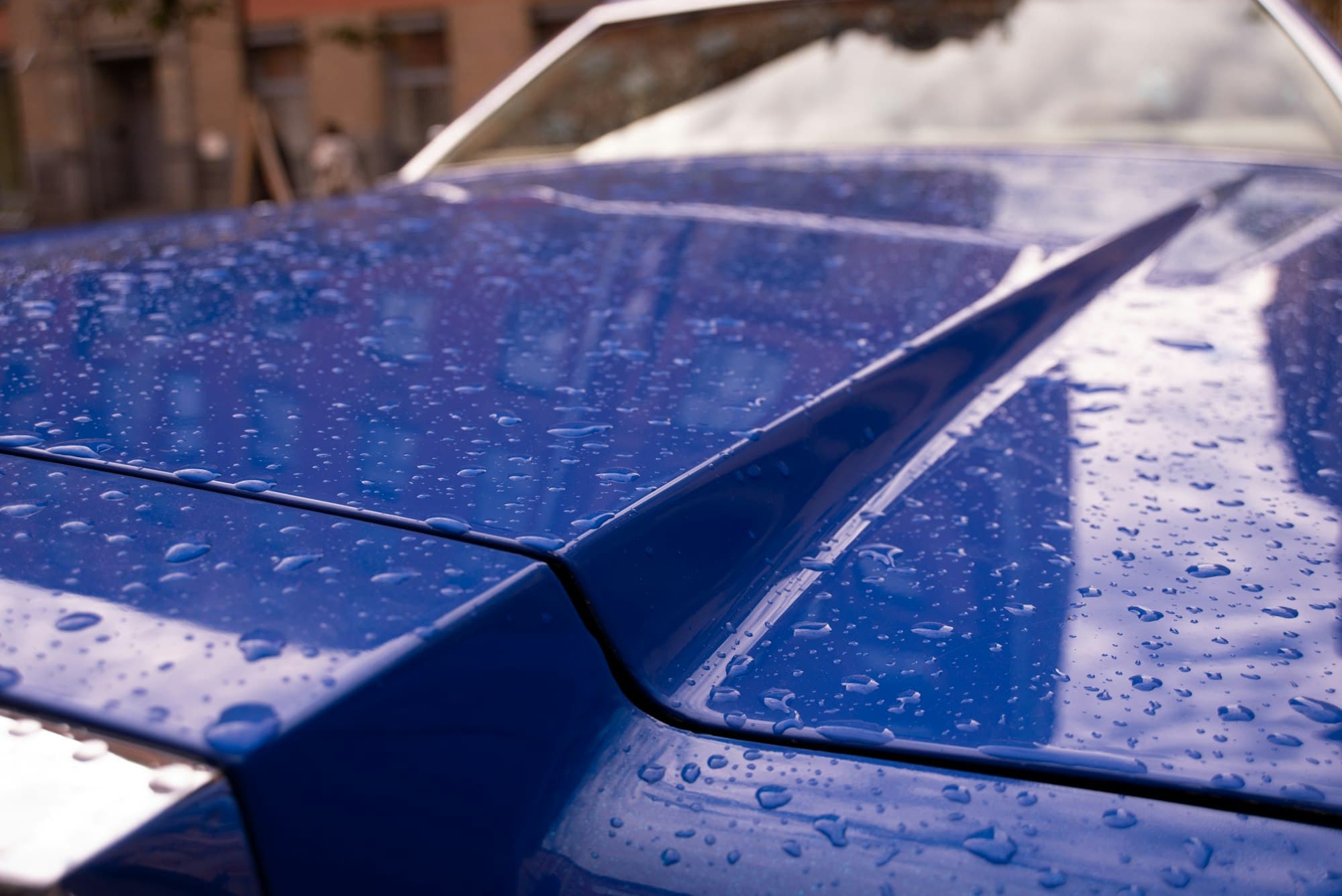 Raindrops on a glossy blue car bonnet