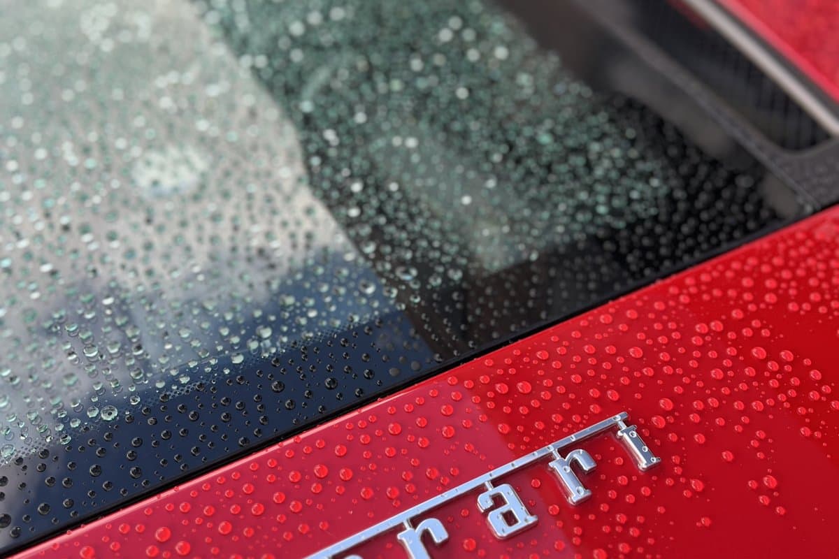 Water beading on a ceramic coated Ferrari