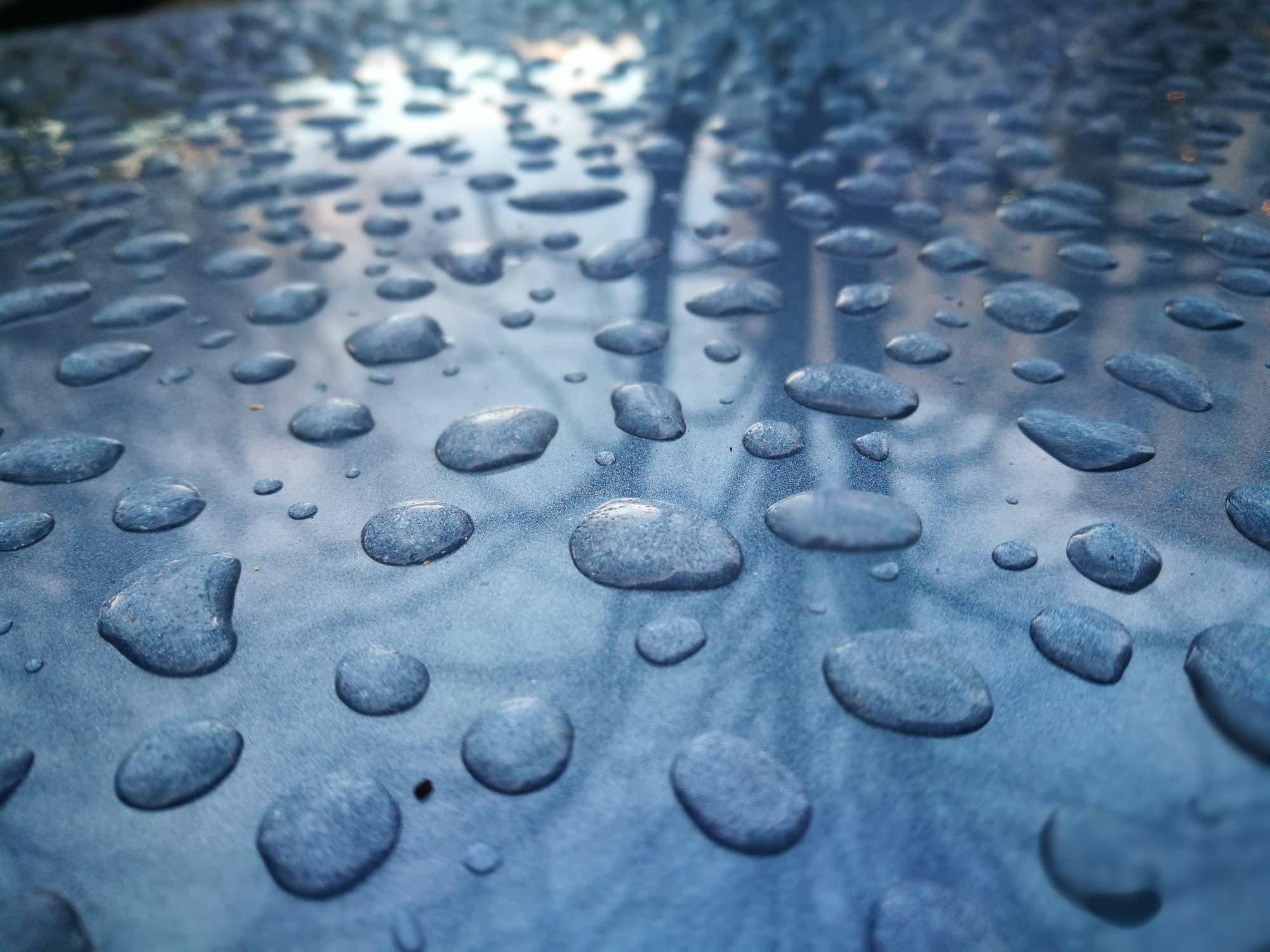 Water beading on blue car paint