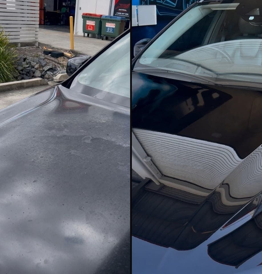Bonnet before and after paint correction: dull and marked, then mirror gloss
